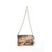 Decorative shoulder bag featuring a printed Venetian scene and slim chain strap