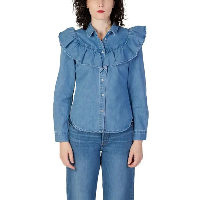 Blue Women’s Cotton Shirt featuring a Denim button-up design with ruffled collar detail