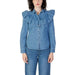 Blue Women’s Cotton Shirt featuring a Denim button-up design with ruffled collar detail