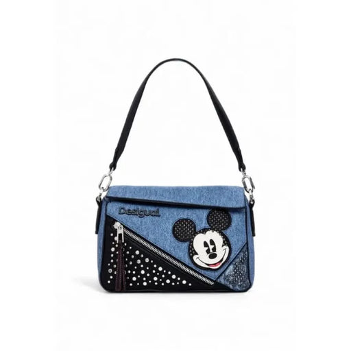 Denim handbag with Mickey Mouse design, black accents, and sparkly details by Desigual