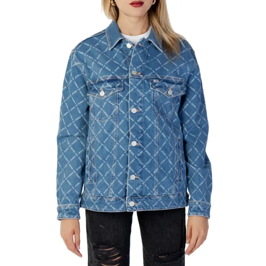 Woman wearing Tommy Hilfiger Jeans denim jacket with diamond pattern print