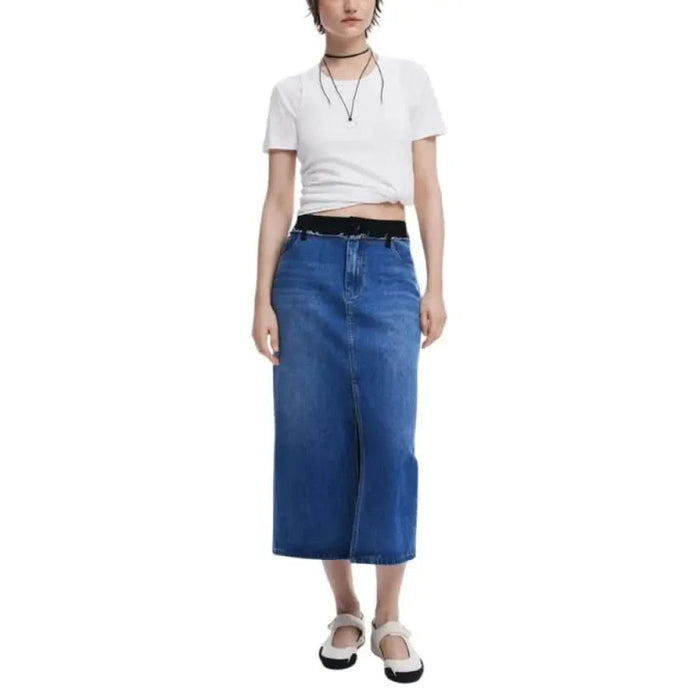 Desigual Women’s Blue Denim Midi Skirt with Zip and Button Closure for stylish comfort