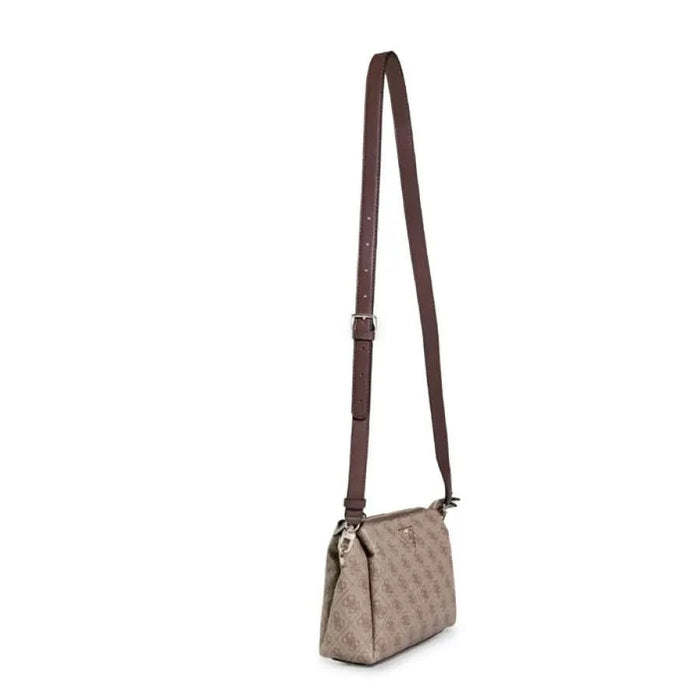 Designer crossbody handbag with monogram pattern and brown leather strap by Guess