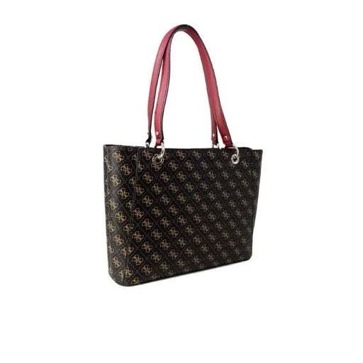 Designer Guess Women Bag featuring a brown patterned exterior and pink handles