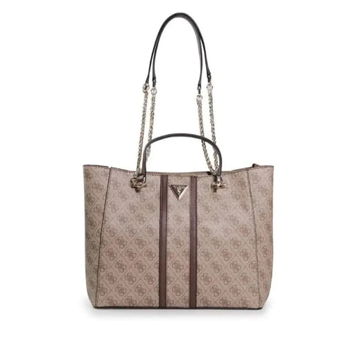 Designer handbag by Guess featuring a monogram pattern, chain straps, and leather trim