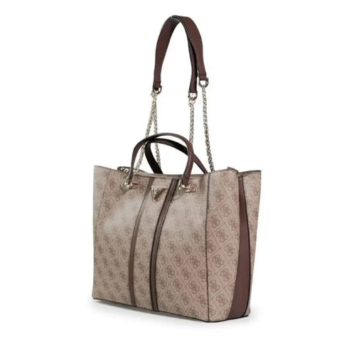 Designer handbag by Guess featuring a patterned exterior and leather trim with chain strap