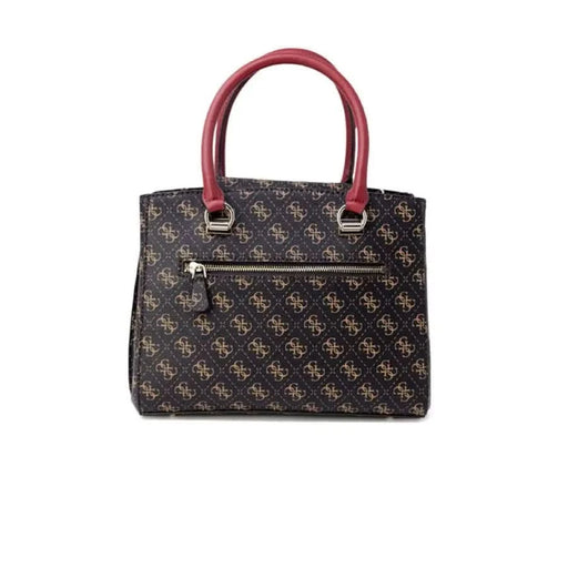 Designer handbag featuring patterned exterior and red handles from Guess Women Bag