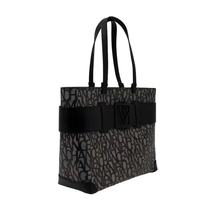 Designer tote bag with repeating text pattern and black accents by Armani Exchange