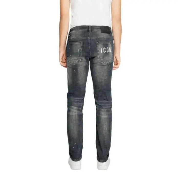 Distressed gray denim jeans with ICON text on back pocket in Icon Men Jeans collection