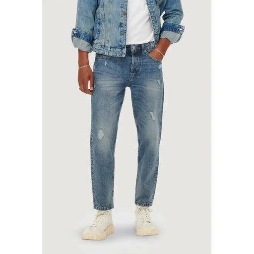 Distressed light-wash tapered fit denim jeans for men by Only & Sons in 100% cotton