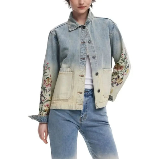 Floral-embroidered denim jacket and jeans from Desigual Women’s Floral Cotton Jacket in Blue