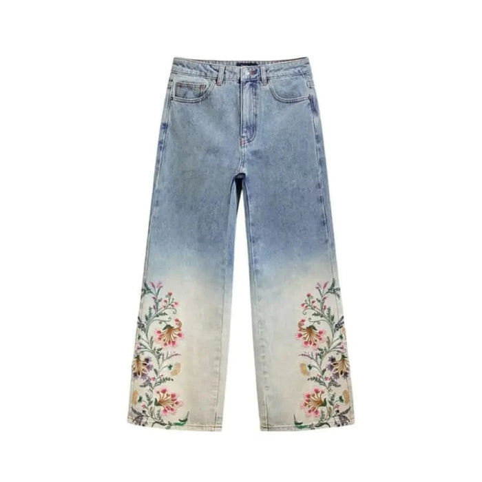 Floral-embroidered wide-leg jeans by Desigual for women in blue color