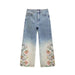 Floral-embroidered wide-leg jeans by Desigual for women in blue color