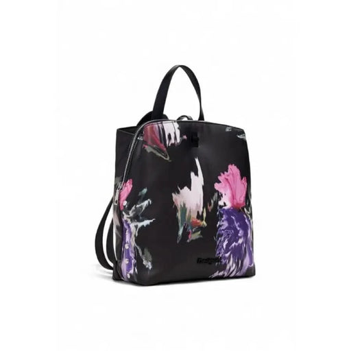 Floral-patterned black handbag with top handle and backpack straps by Desigual