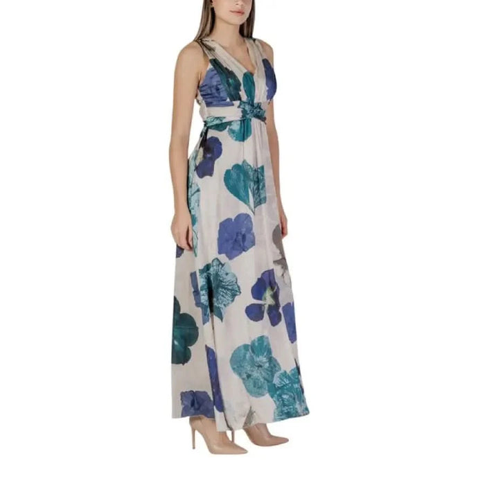 Floral-patterned Maxi Dress by Rinascimento in Green with Sleeveless V-Neck Design