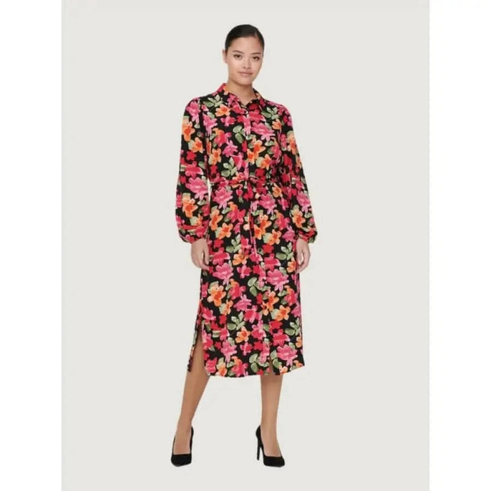 Floral print midi shirt dress with long sleeves and belted waist - Jacqueline De Yong Women Dress