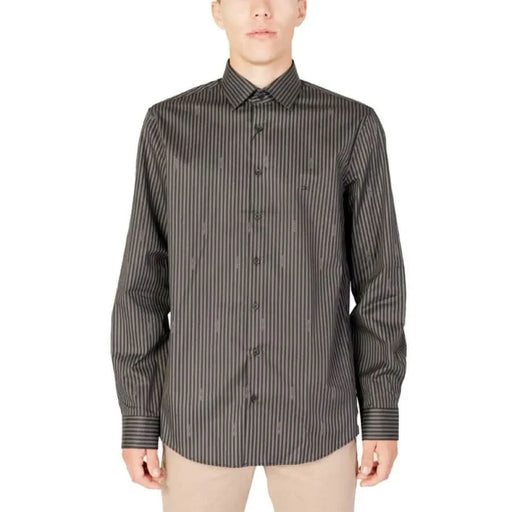 Calvin Klein Men Shirt Gray and Black Striped Button-Up Dress Shirt with Long Sleeves