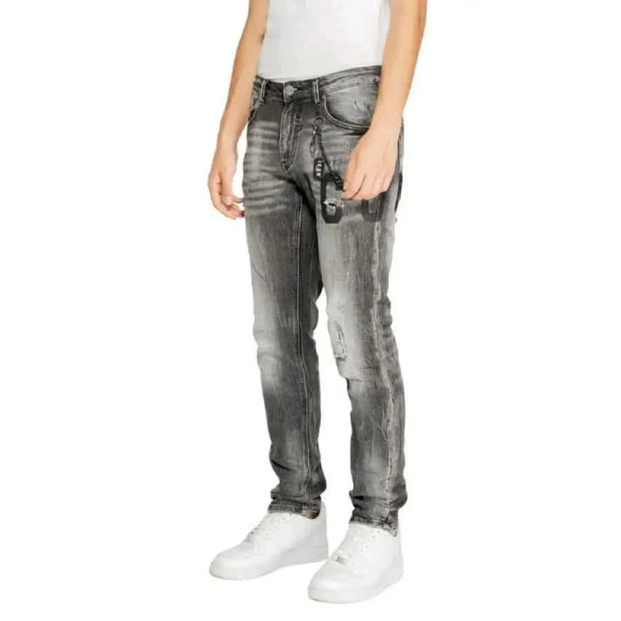 Gray distressed skinny jeans with faded wash and subtle wear from Icon Men Jeans