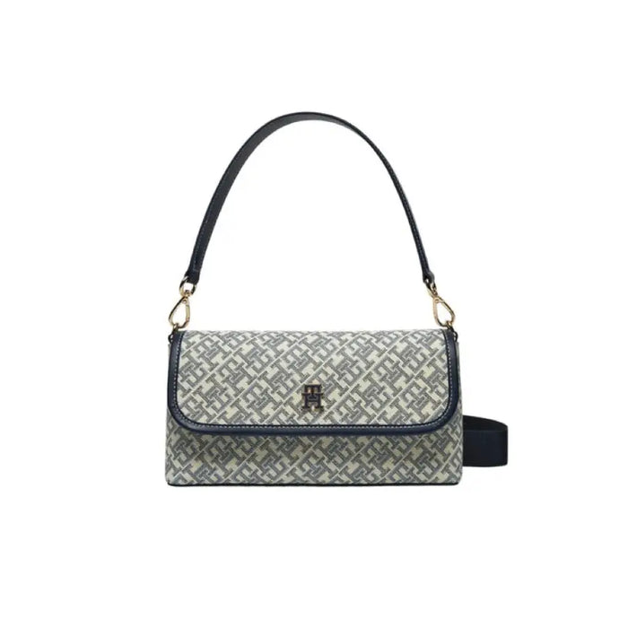 Gray patterned Tommy Hilfiger women’s shoulder bag with black trim and gold clasp