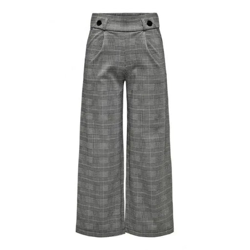 Jacqueline De Yong Women’s Gray Plaid Wide-Leg Trousers with Button Waistband Details