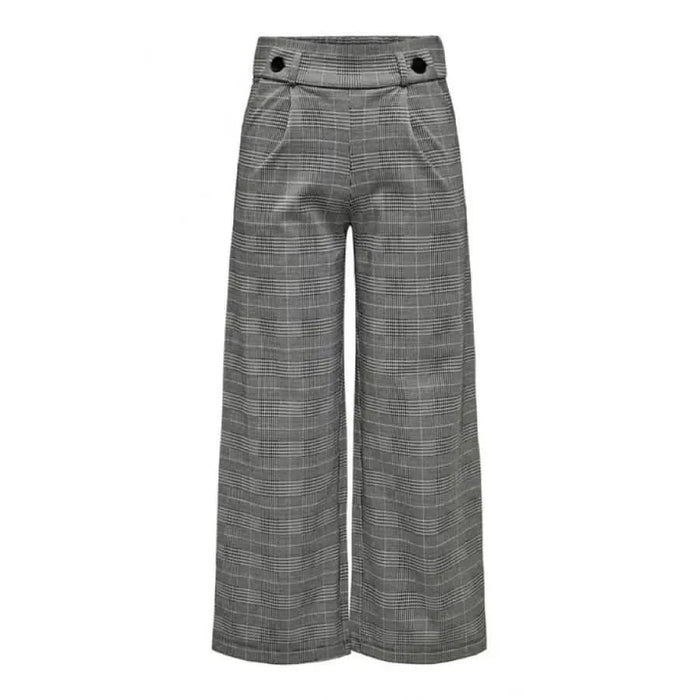 Jacqueline De Yong Women’s Gray Plaid Wide-Leg Trousers with Button Waistband Details