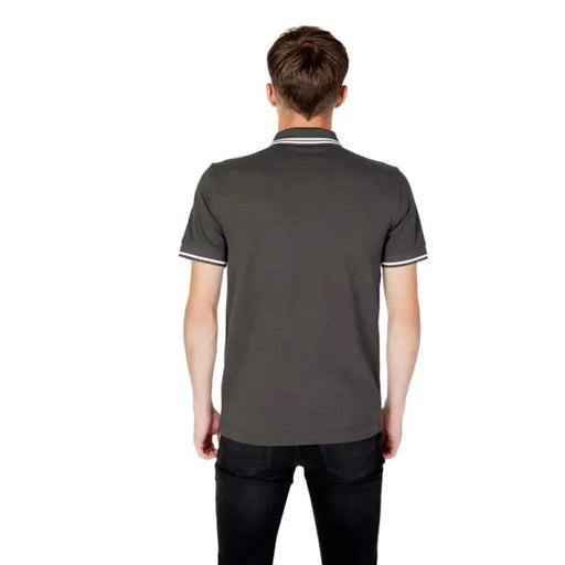 Gray Ea7 Men Polo shirt with white trim, viewed from the back for product display