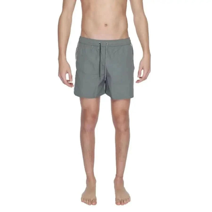 Gray swim shorts with elastic waistband and drawstring by Emporio Armani Underwear