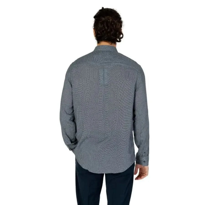 Armani Exchange Men Shirt Gray Textured Button-Up Worn by Person with Curly Dark Hair Back View