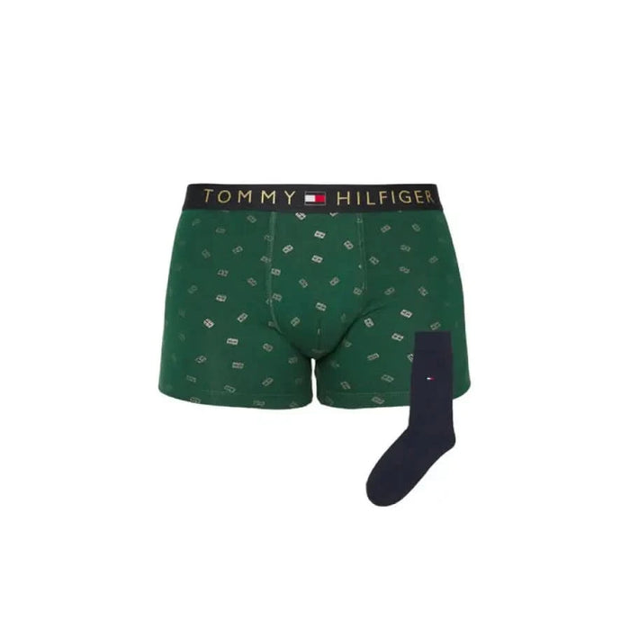 Green Tommy Hilfiger boxer shorts and matching navy sock from the Tommy Hilfiger Men Underwear collection