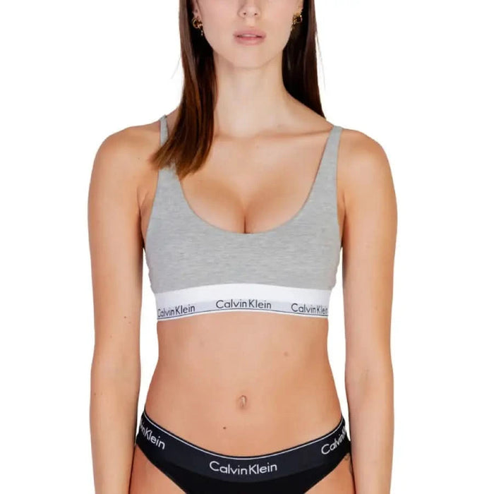 Grey Calvin Klein sports bra and matching black underwear for women’s underwear