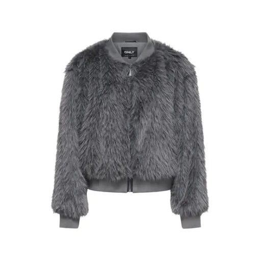 Grey faux fur bomber jacket with ribbed cuffs and hem from Only Women Jacket collection