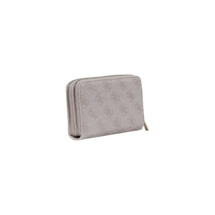 Grey leather wallet featuring monogram pattern and zipper closure from Guess