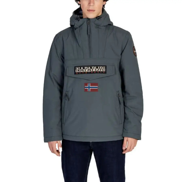 Grey Napapijri pullover jacket featuring Norwegian flag emblem and front pocket