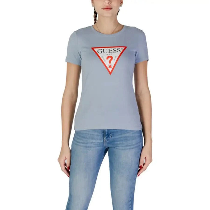 Grey t-shirt featuring red triangular Guess logo on front, part of Guess Women’s collection