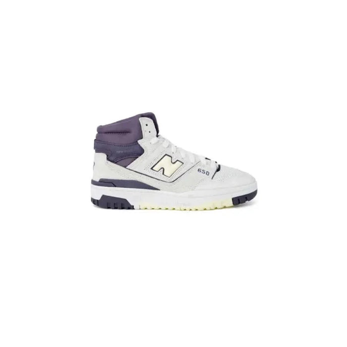 White and purple high-top New Balance 650 sneaker, perfect for women seeking style and comfort