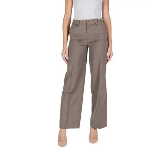 High-waisted taupe dress pants with wide legs from Only Women Trousers collection