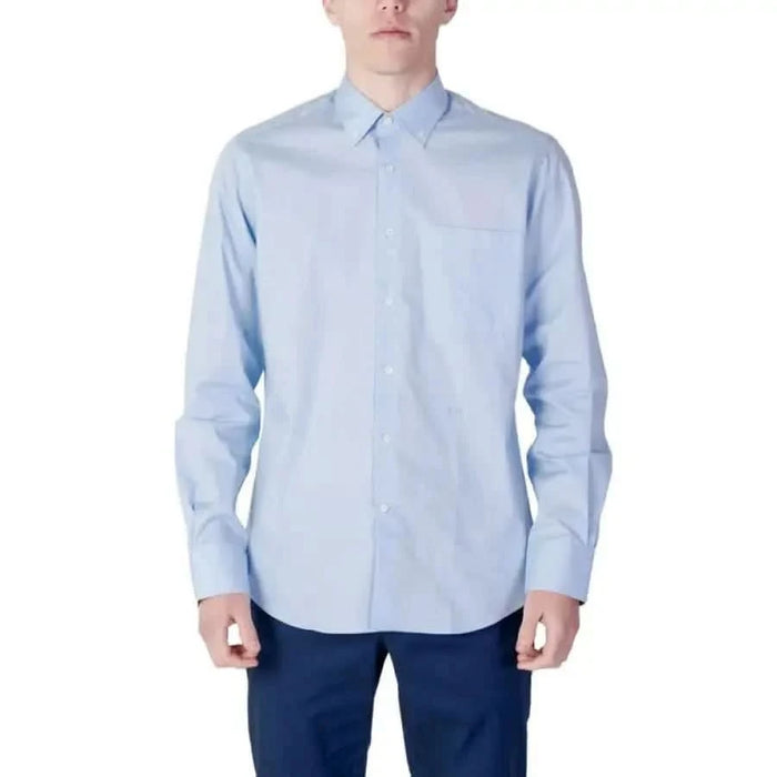 Light blue Alviero Martini Prima Classe men shirt with long sleeves for stylish apparel & accessories