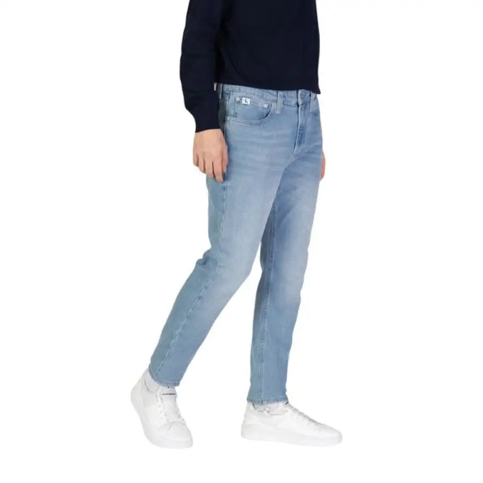 Calvin Klein Light Blue Men’s Jeans with Frayed Hem and Straight-Leg Cut for Fall Winter