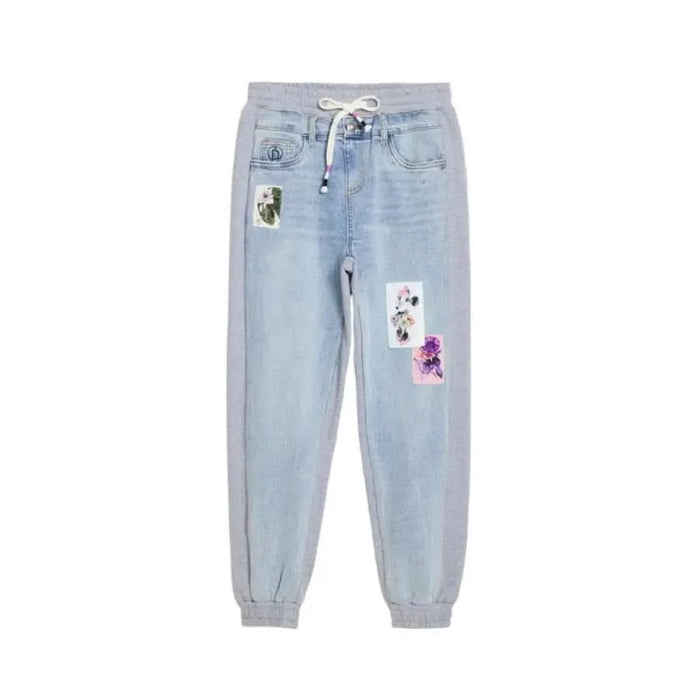 Light blue denim jogger pants with floral patches from Desigual Blue for women