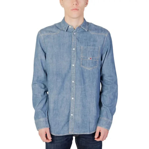 Light blue denim button-up shirt with chest pocket and Tommy Hilfiger logo for men