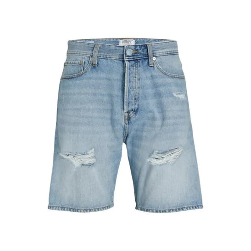 Light blue distressed denim shorts with ripped knees by Jack & Jones for men