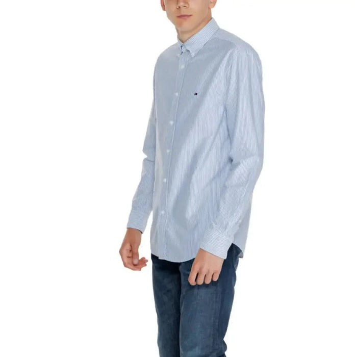 Light blue pinstriped button-down dress shirt with logo, Tommy Hilfiger Men Shirt