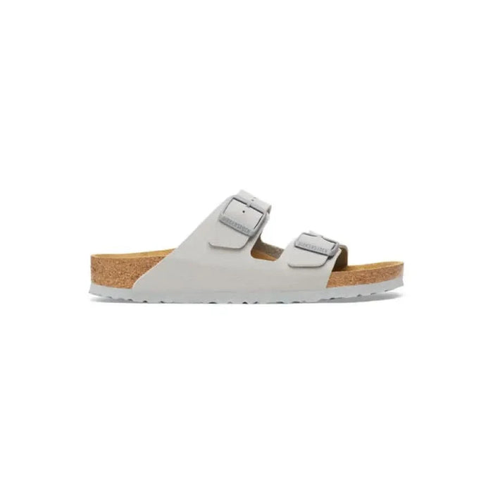 Light gray Birkenstock-style sandal with adjustable straps and cork footbed