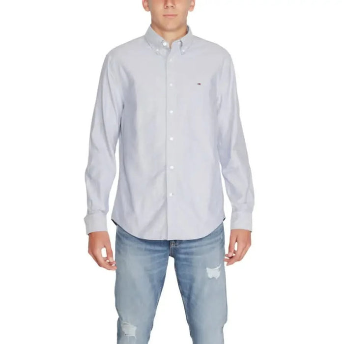 Light gray button-down dress shirt with chest logo - Tommy Hilfiger Men Shirt