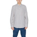 Light gray Calvin Klein men’s button-up dress shirt with collar and long sleeves