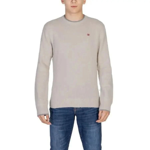 Light gray crewneck sweater with red logo detail from Napapijri Men Knitwear collection