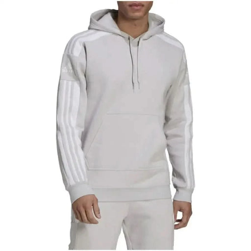 Light gray Adidas hooded sweatshirt with white stripes on sleeves for men