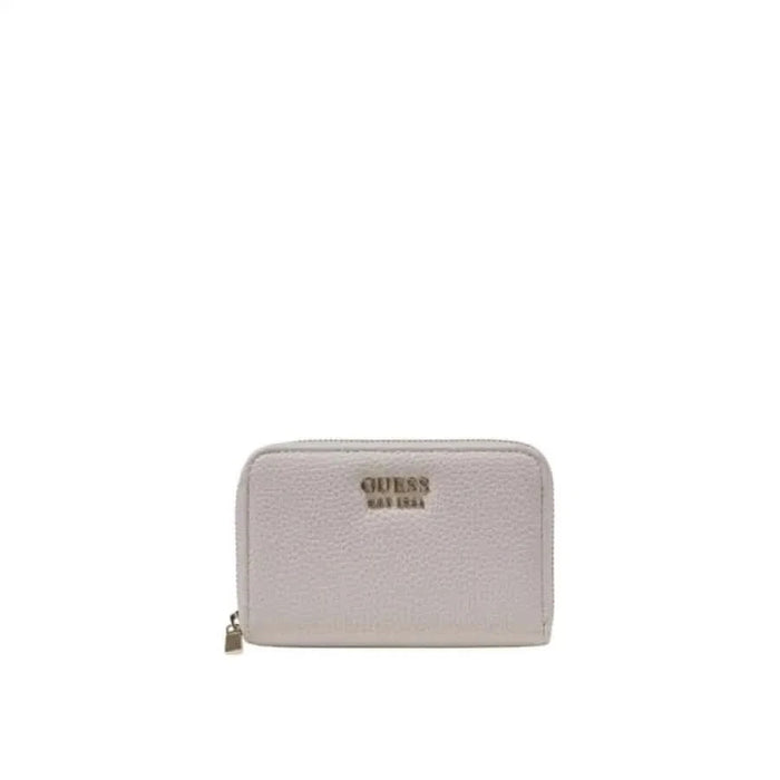 Light gray leather Guess zip-around wallet in a beige design with compartments