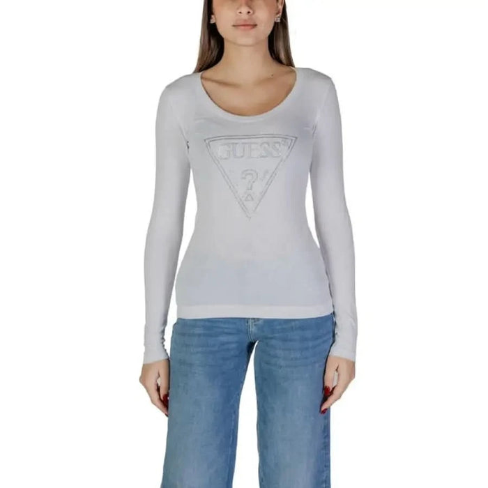 Light gray long-sleeve Guess top featuring logo triangle design on front