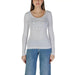 Light gray long-sleeve Guess top featuring logo triangle design on front